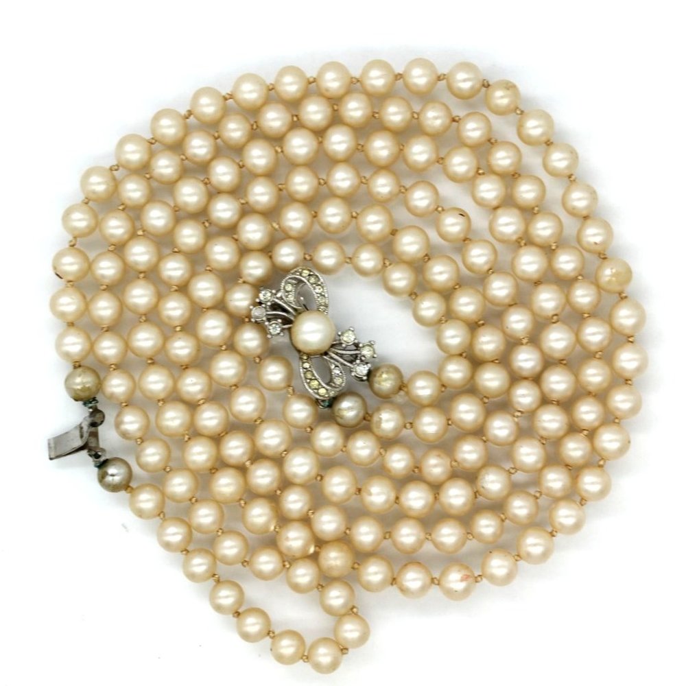 ANTIQUE faux PEARL RHINESTONE bow necklace 2 strand 24"